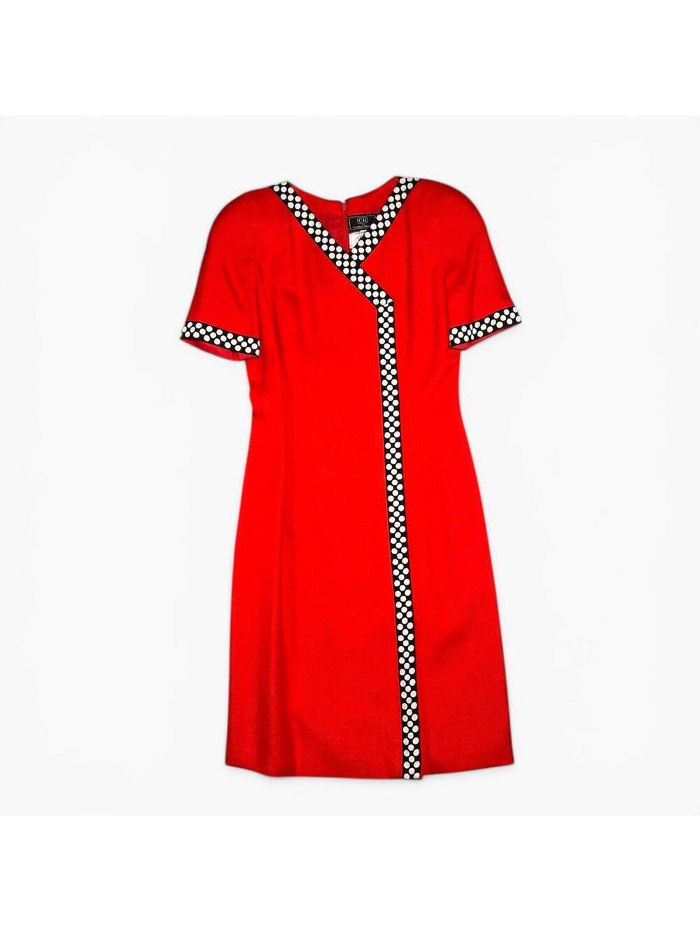 Vintage CH by Carolina Herrera Red Dress with Polka Dot Trim Size 4